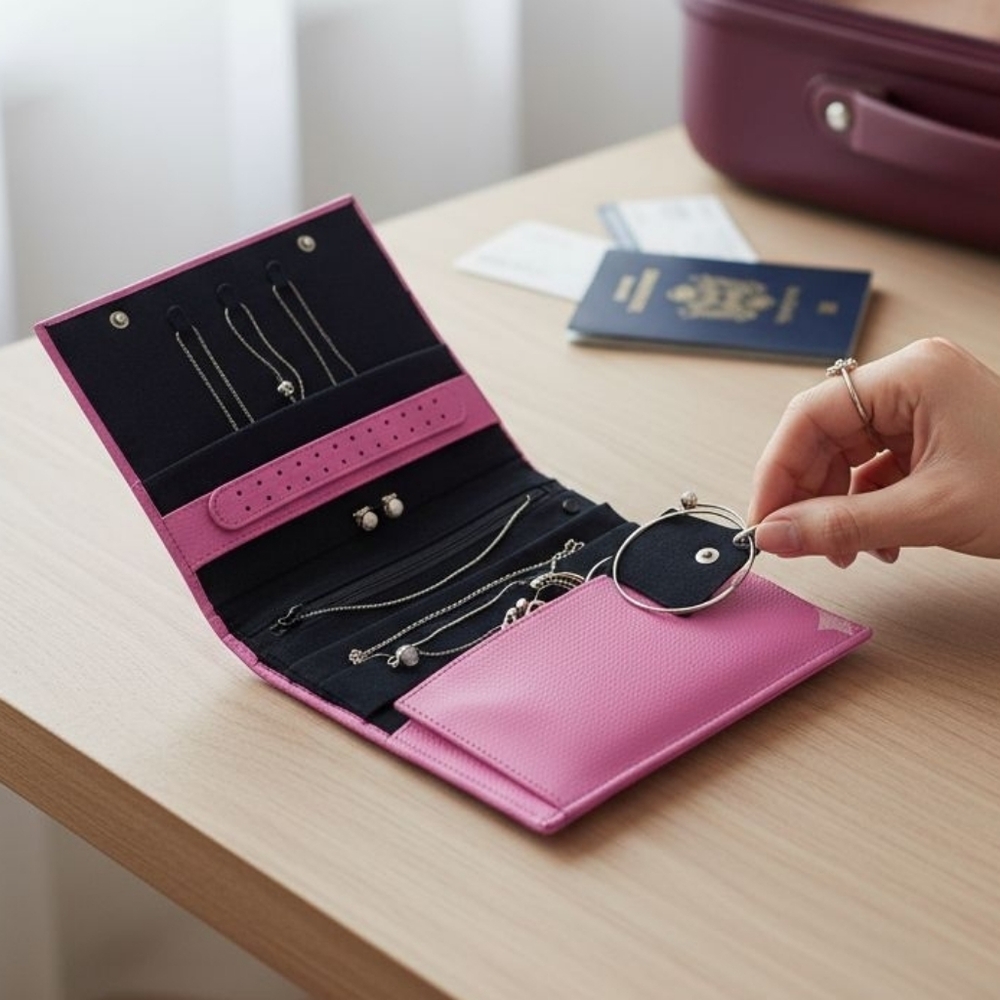 Pink Faux Leather Folding Travel Jewelry Organizer
